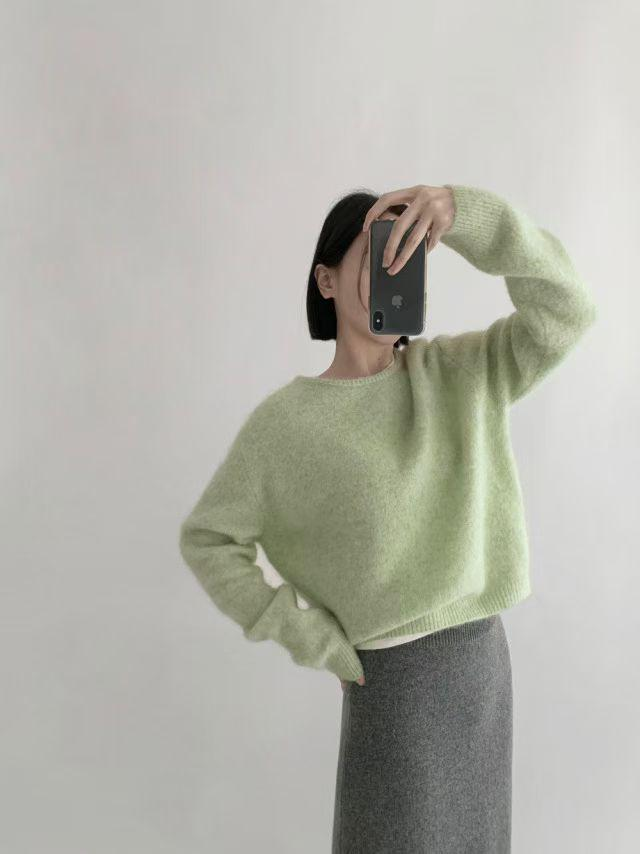 SN058 淨色小圓領闊腰長袖套頭上衣 Free size