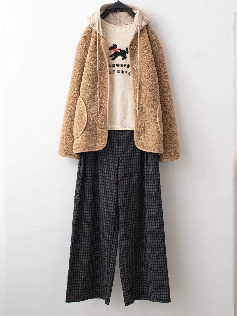 溫暖針織連帽外套狗狗印花毛衣磨毛直筒褲組合