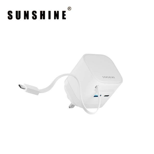 2插口1C1A GaN 65W 插牆式充電器 伸縮USB-C充電線 白色 MPE-65WH