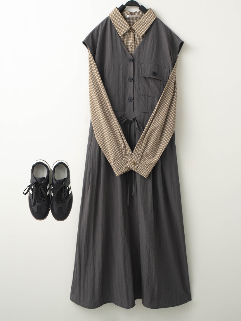 紋理感綁帶無袖長洋裝寬鬆格紋襯衫組合
