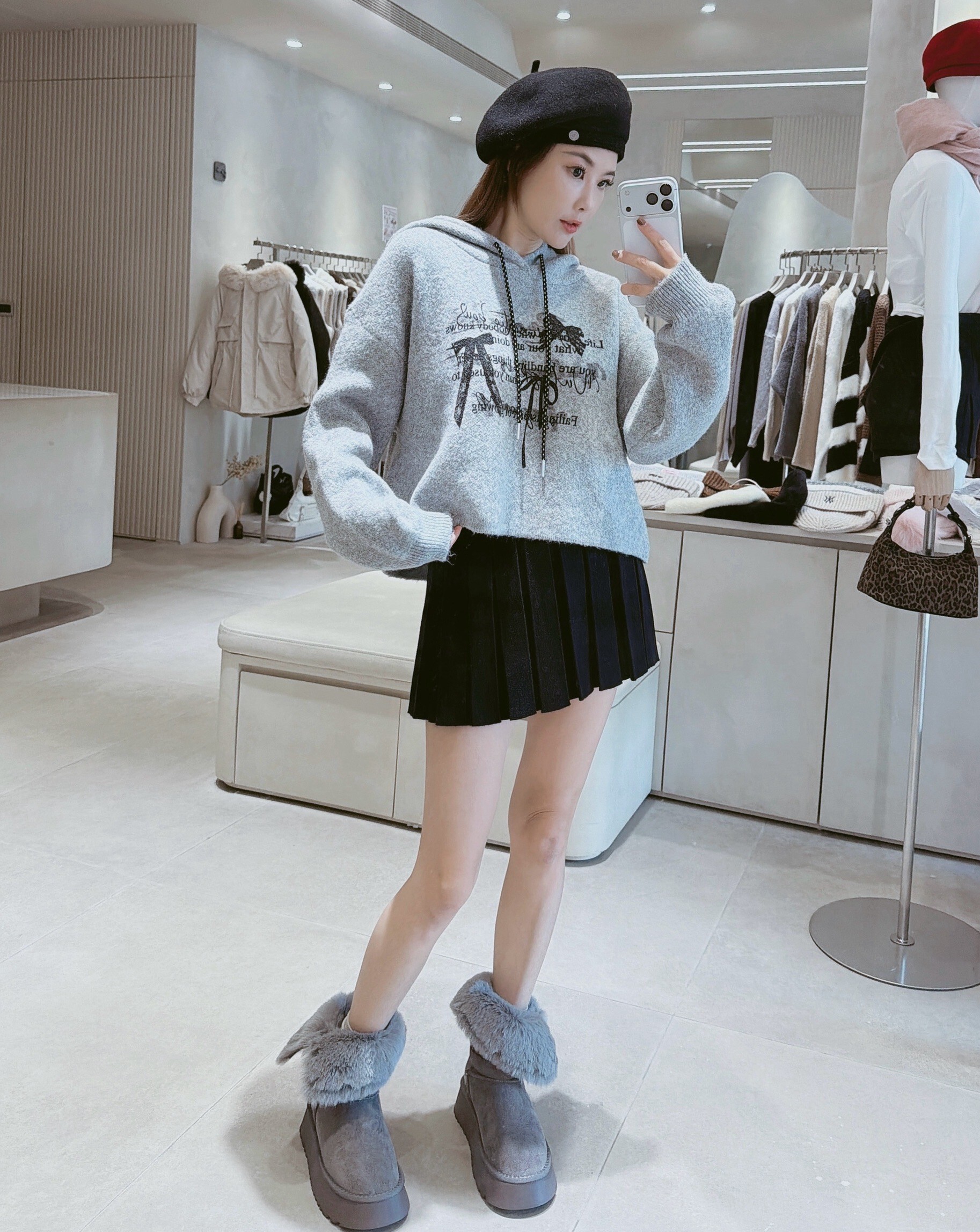 複印字蝴蝶結連帽針織衣