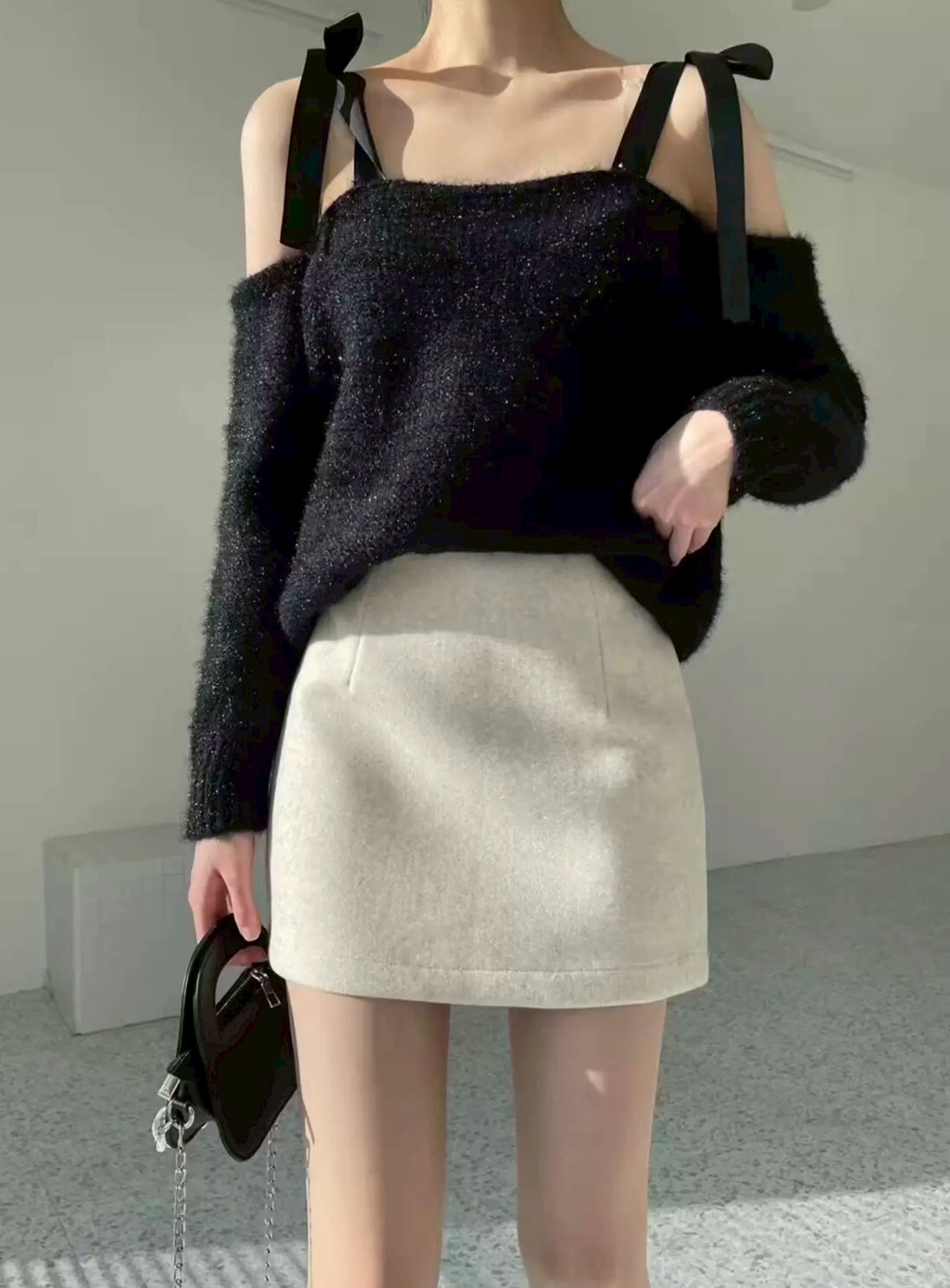 後鬆緊側拉鍊毛料褲裙