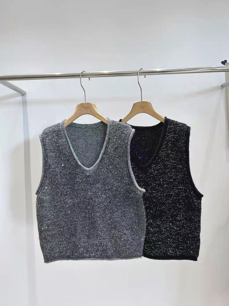 561 V領小亮片針織馬甲背心