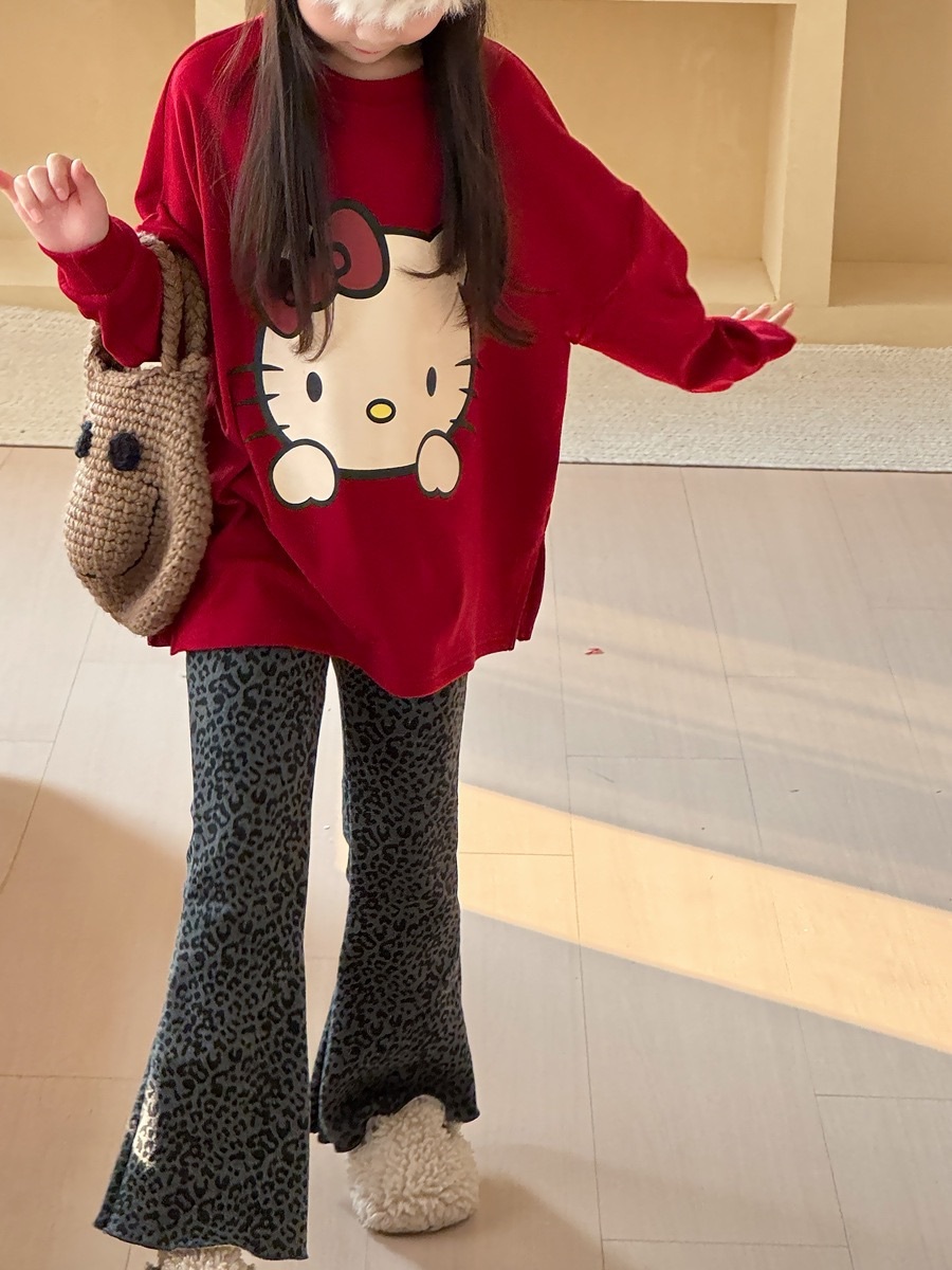 灰色加絨豹紋喇叭褲