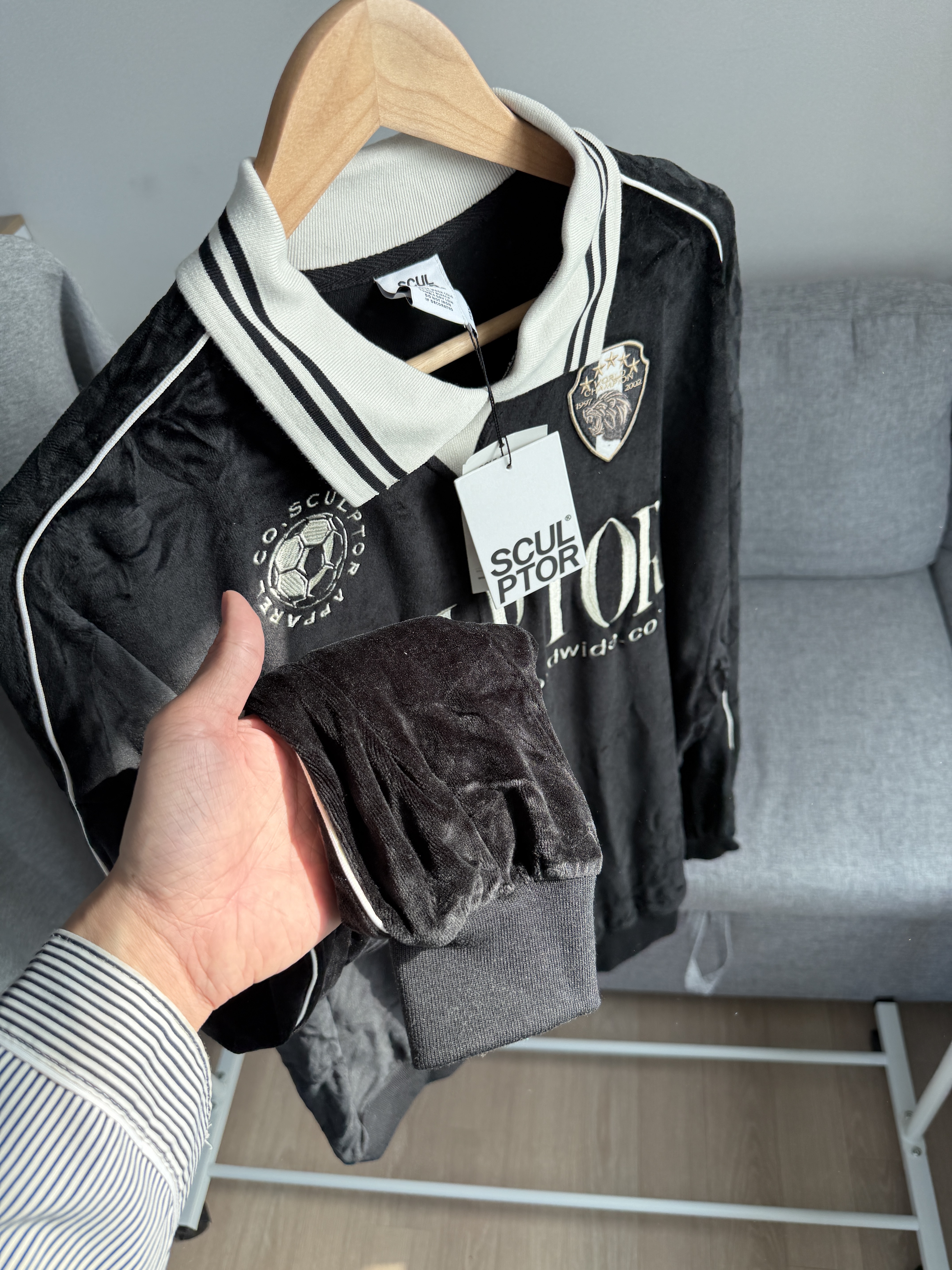 二手衣／韓國潮牌 SCUL 燈芯龍賽車長袖 黑色 9.8成新