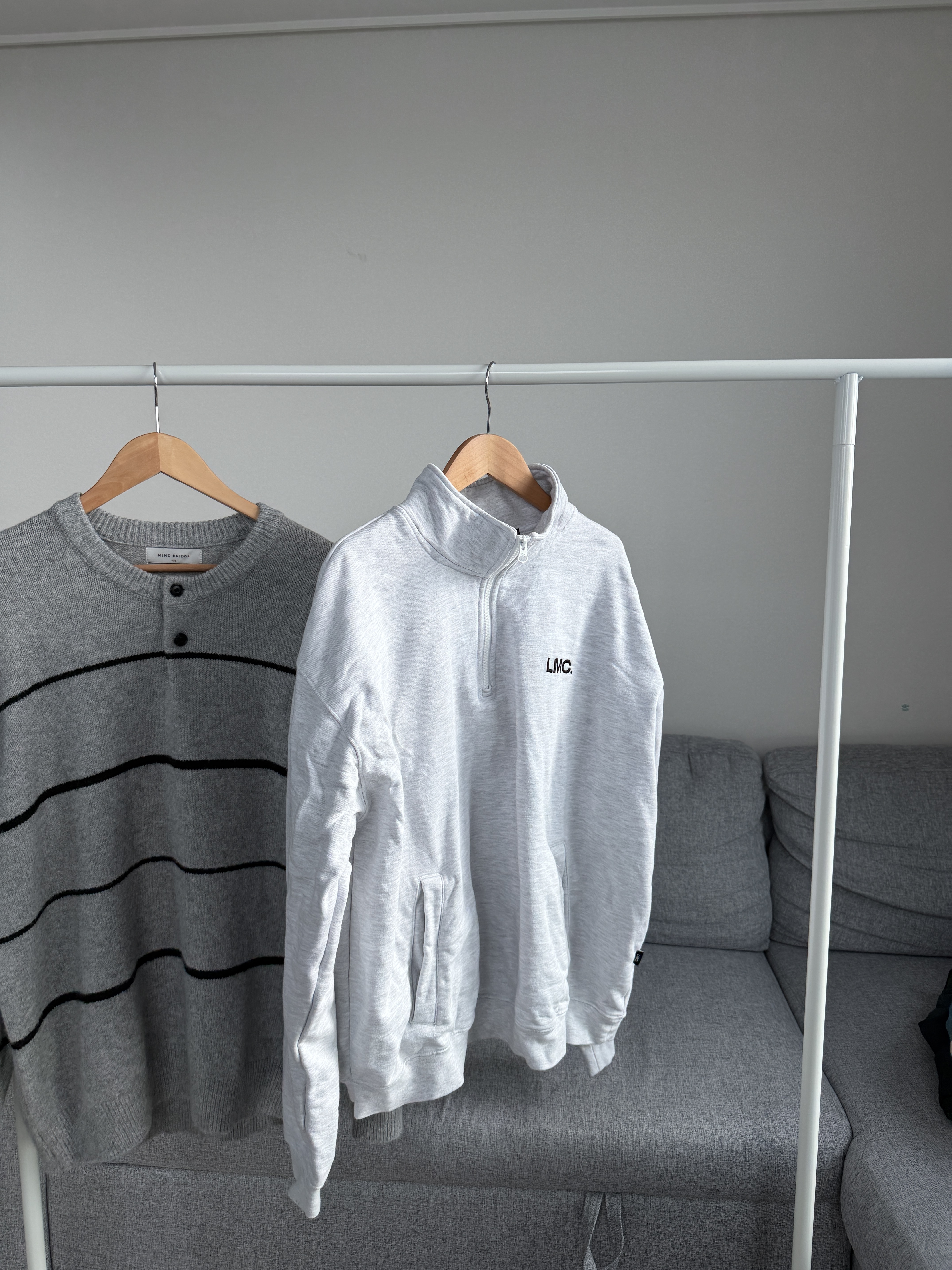 二手衣／韓國潮牌 LMC 拉鏈翻領大學T 淺灰色 9.5成新