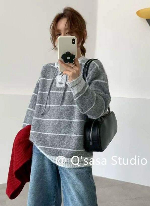 前交叉綁結撞色條針織衣