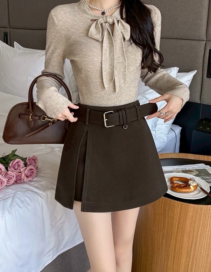 附腰帶側開岔毛呢褲裙 8563