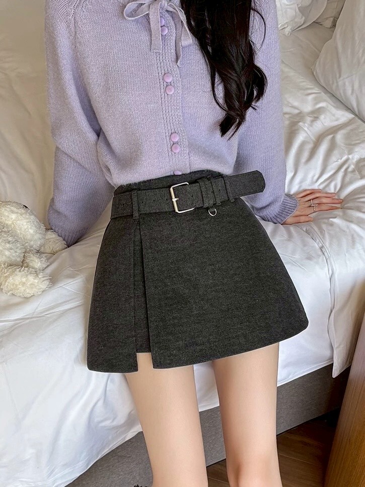 附腰帶側開岔毛呢褲裙 8563