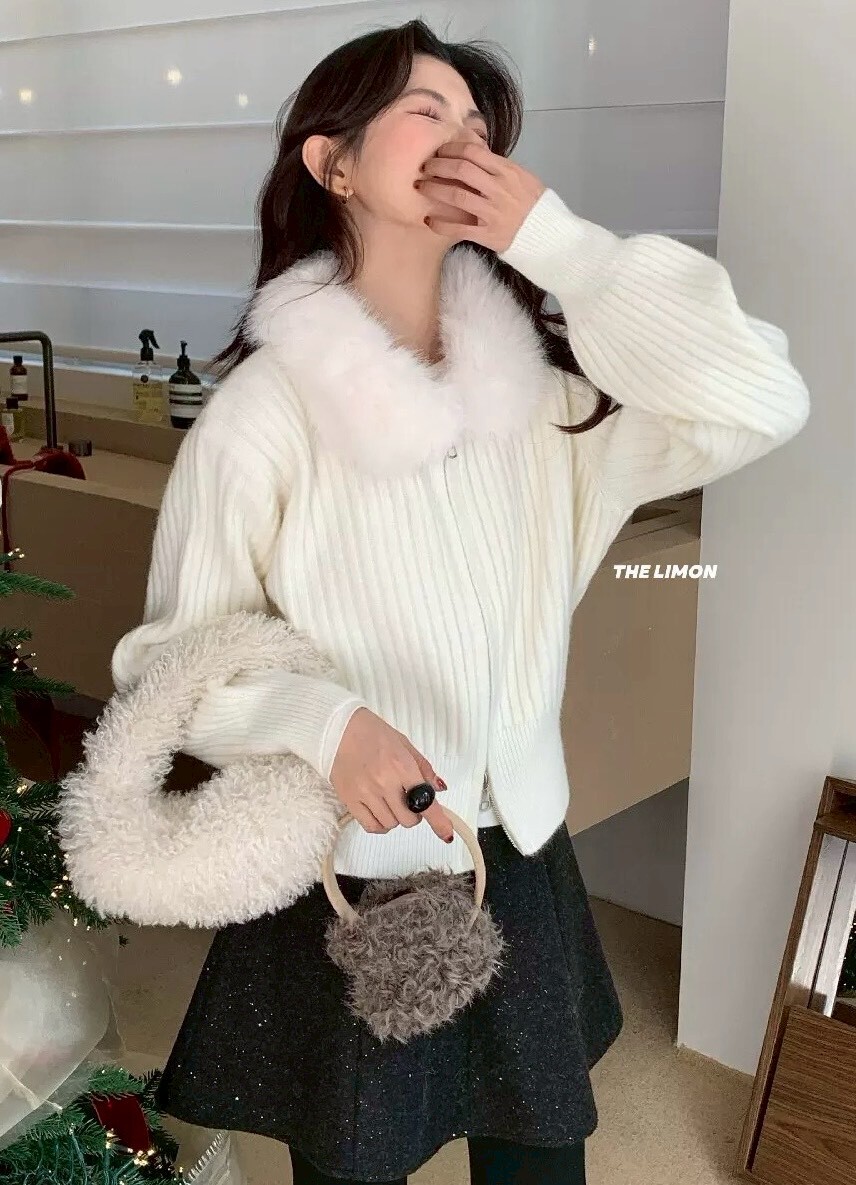 毛領雙拉鍊坑條針織衣