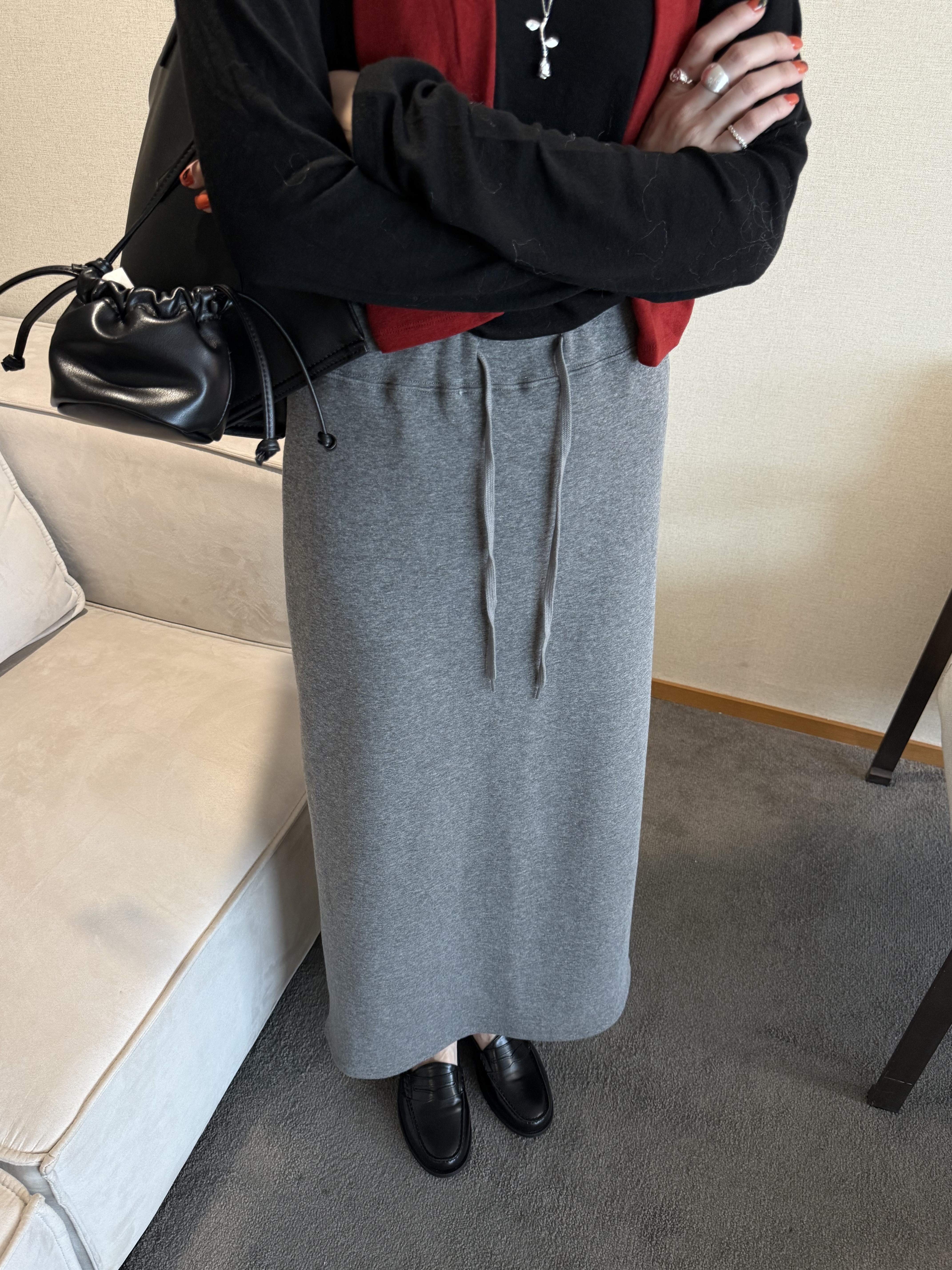 雙腳軟乎乎法蘭絨面A字長裙/2色均碼/花灰