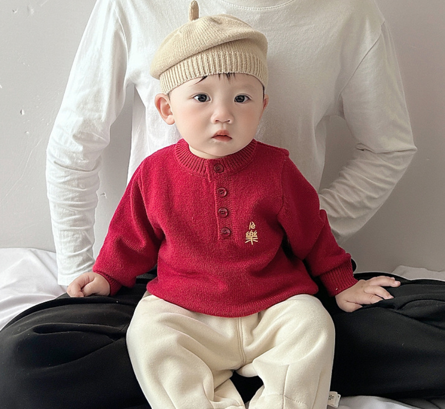 《2573》新年拜年刺繡樂字紅針織上衣(73-110)