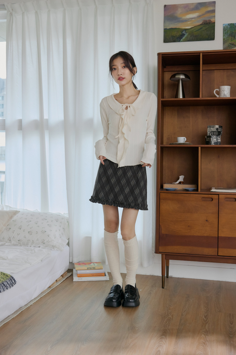 撞色菱格紋荷葉滾邊毛呢裙