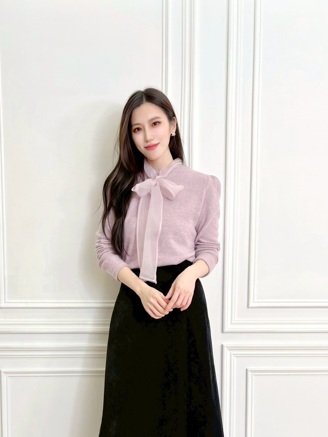 柔美針織透紗領巾上衣