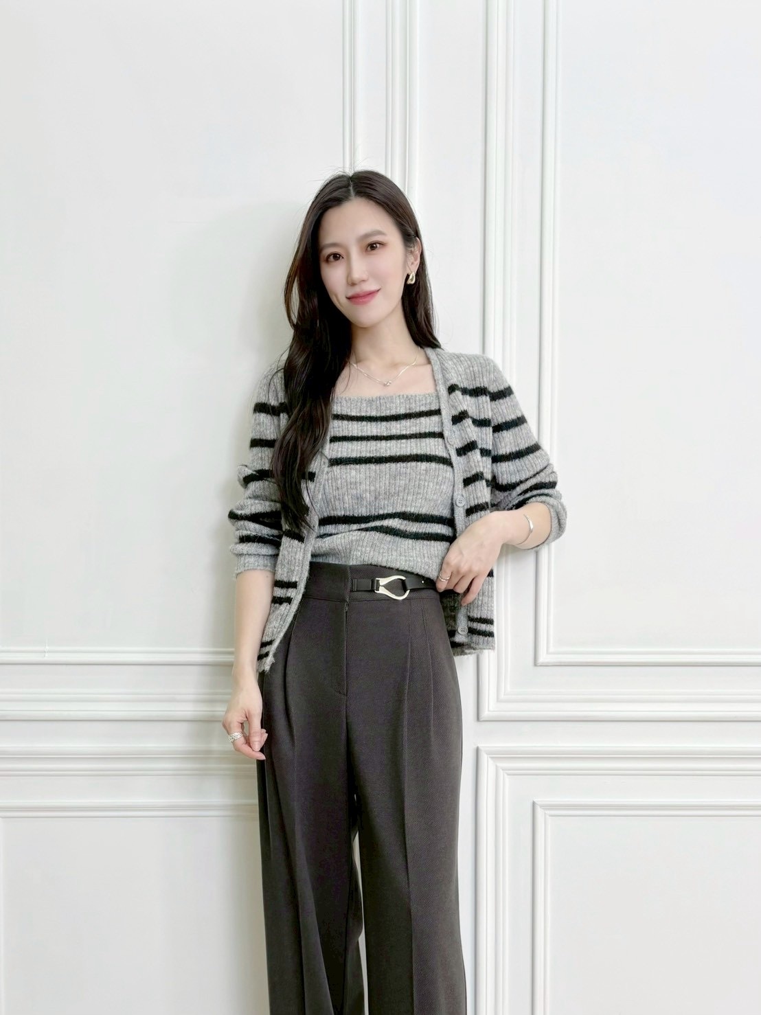 坑條橫條紋針織背心+外套SET