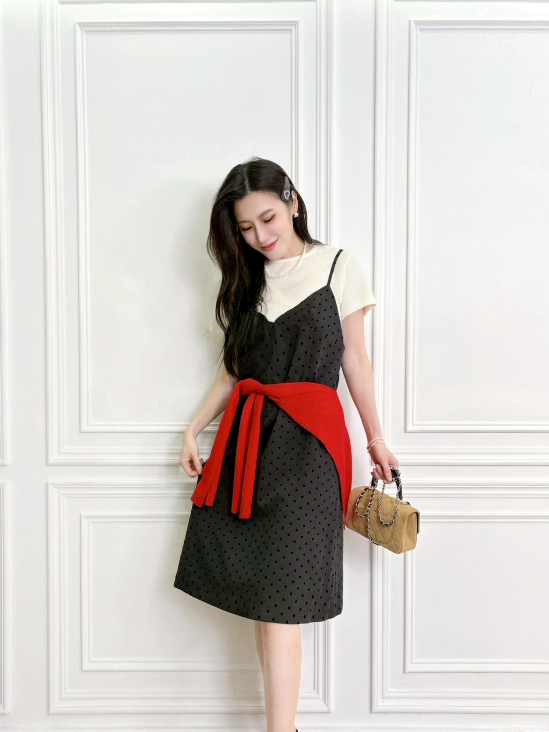 蜜桃絨短袖T+點點細肩帶洋SET