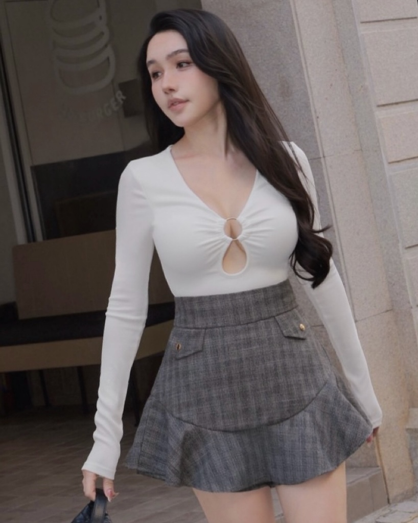 訂製-性感V領圓環坑條合身上衣