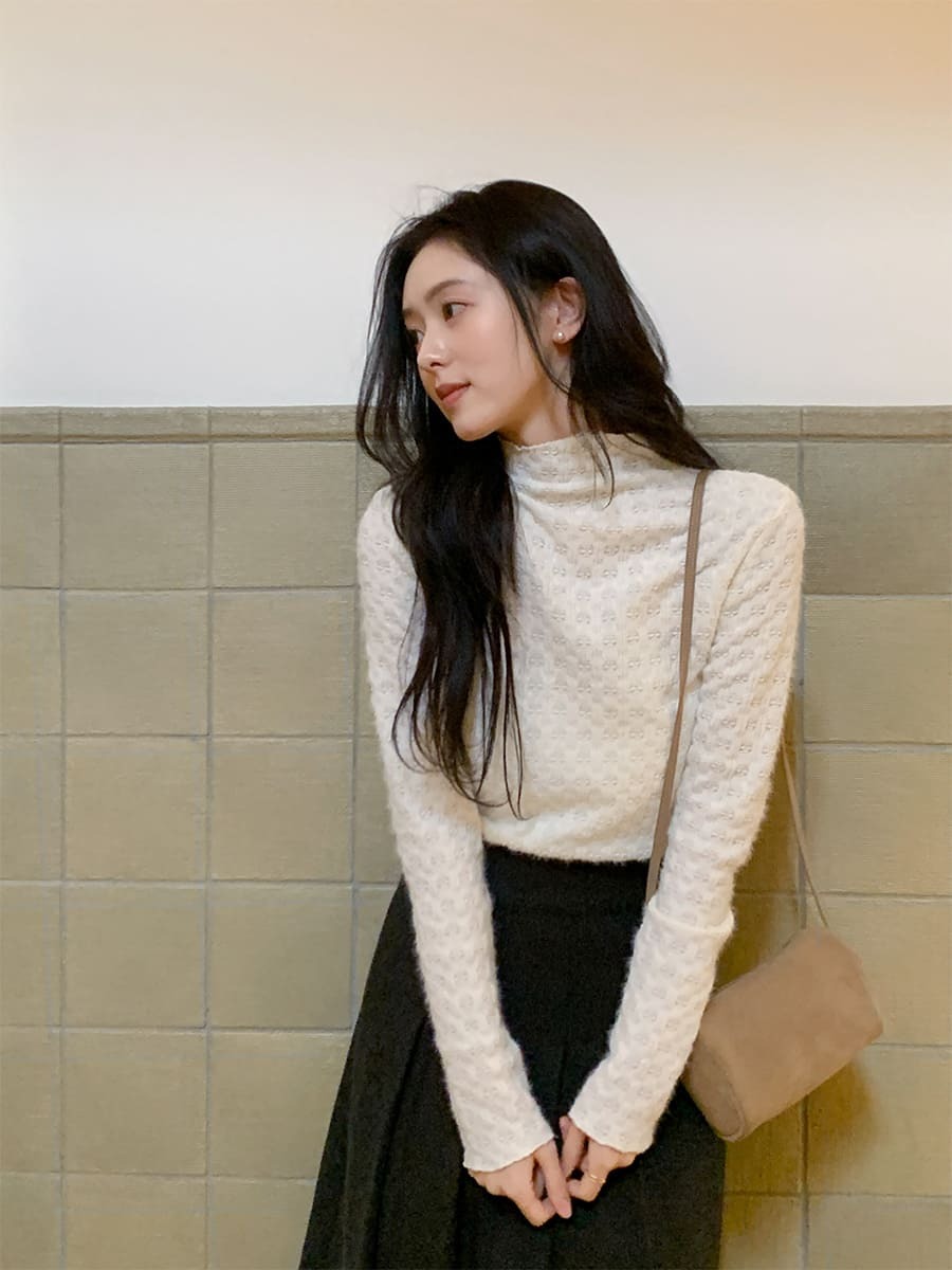 韓國Cherrykoko授權 冬日初雪細緻紋花修身立領上衣