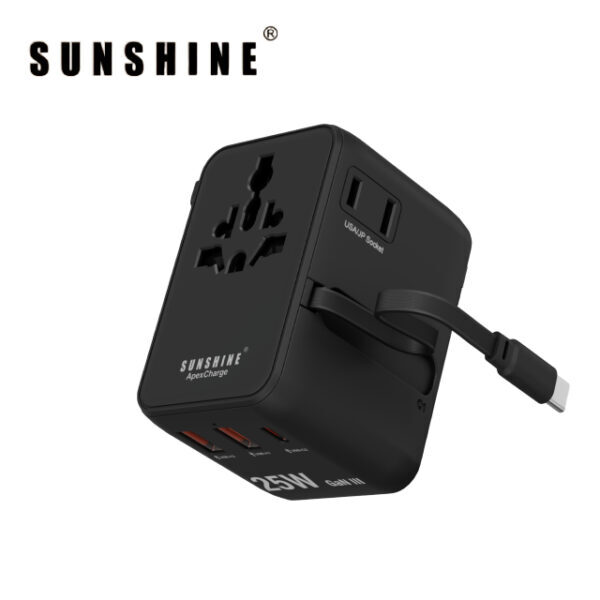 GaN快速充電器 25W 3插口(1C2A)及內置伸縮USB-C充電線旅行插座 (黑色) TRC-25W