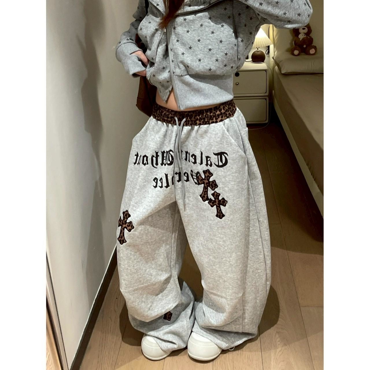 『RB』美式復古 豹紋十字架暗黑格德直筒休閒寬褲