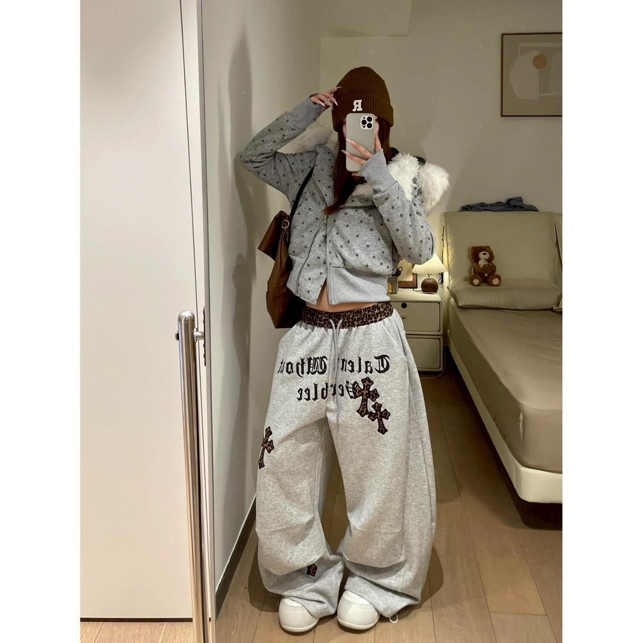 『RB』美式復古 豹紋十字架暗黑格德直筒休閒寬褲
