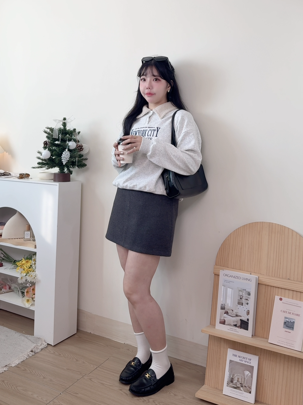 愛心扣顯瘦毛呢A字短裙  4色