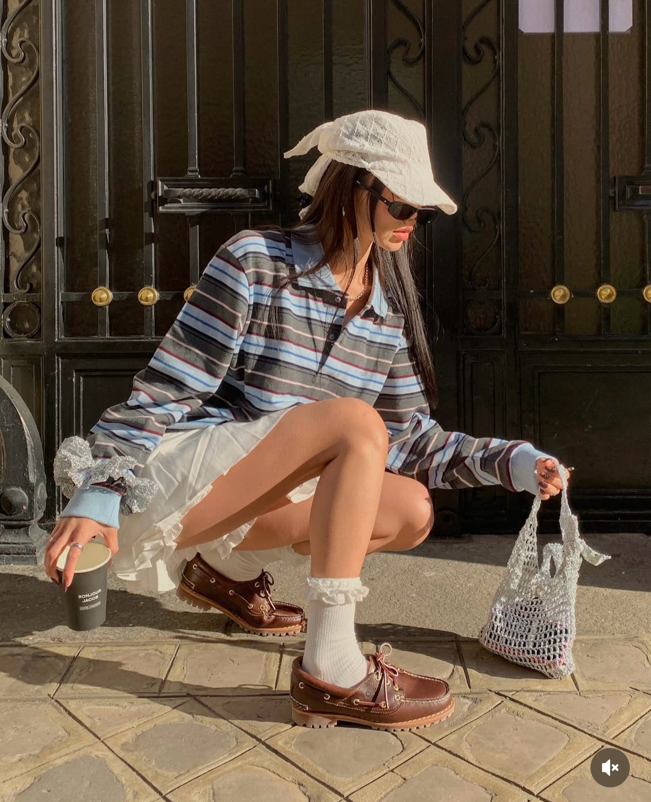 條紋polo衫+ 低腰百褶褲裙