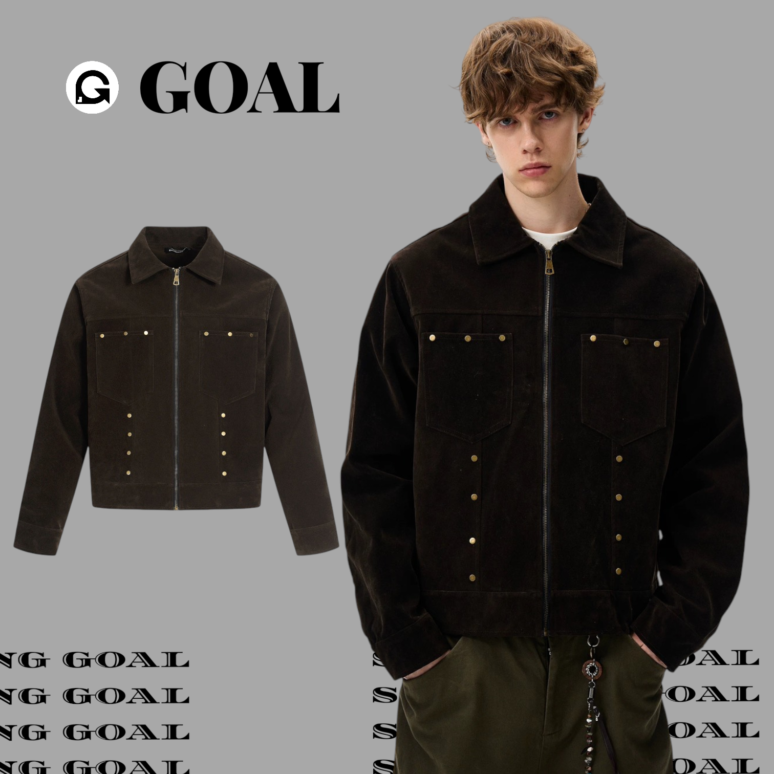 (GOAL) 美式鉚釘麂皮夾克外套 美式老錢風 八尾5079