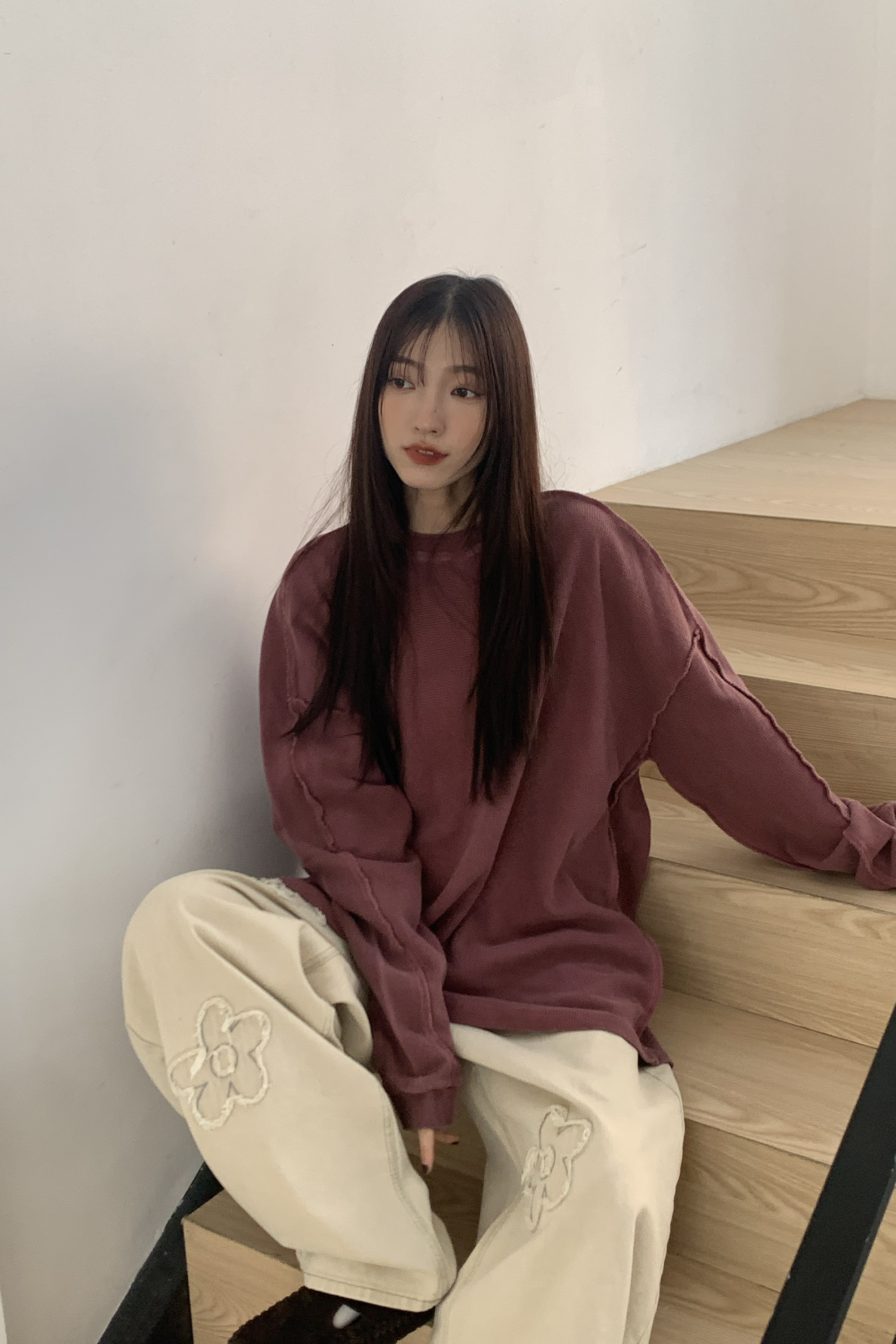 復古做舊滾邊長袖t 2色