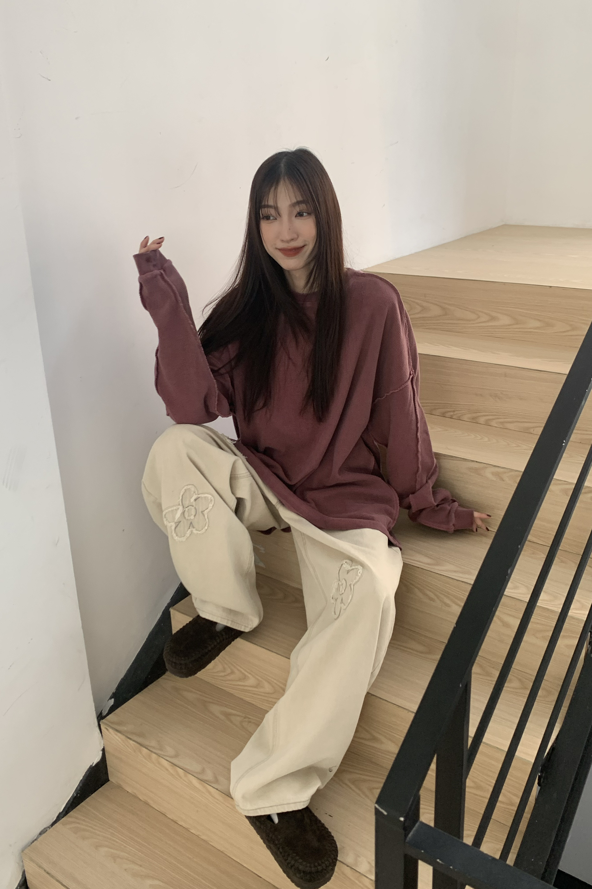 復古做舊滾邊長袖t 2色