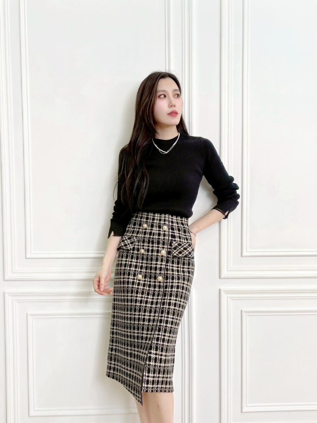 圓領細閃坑條針織上衣