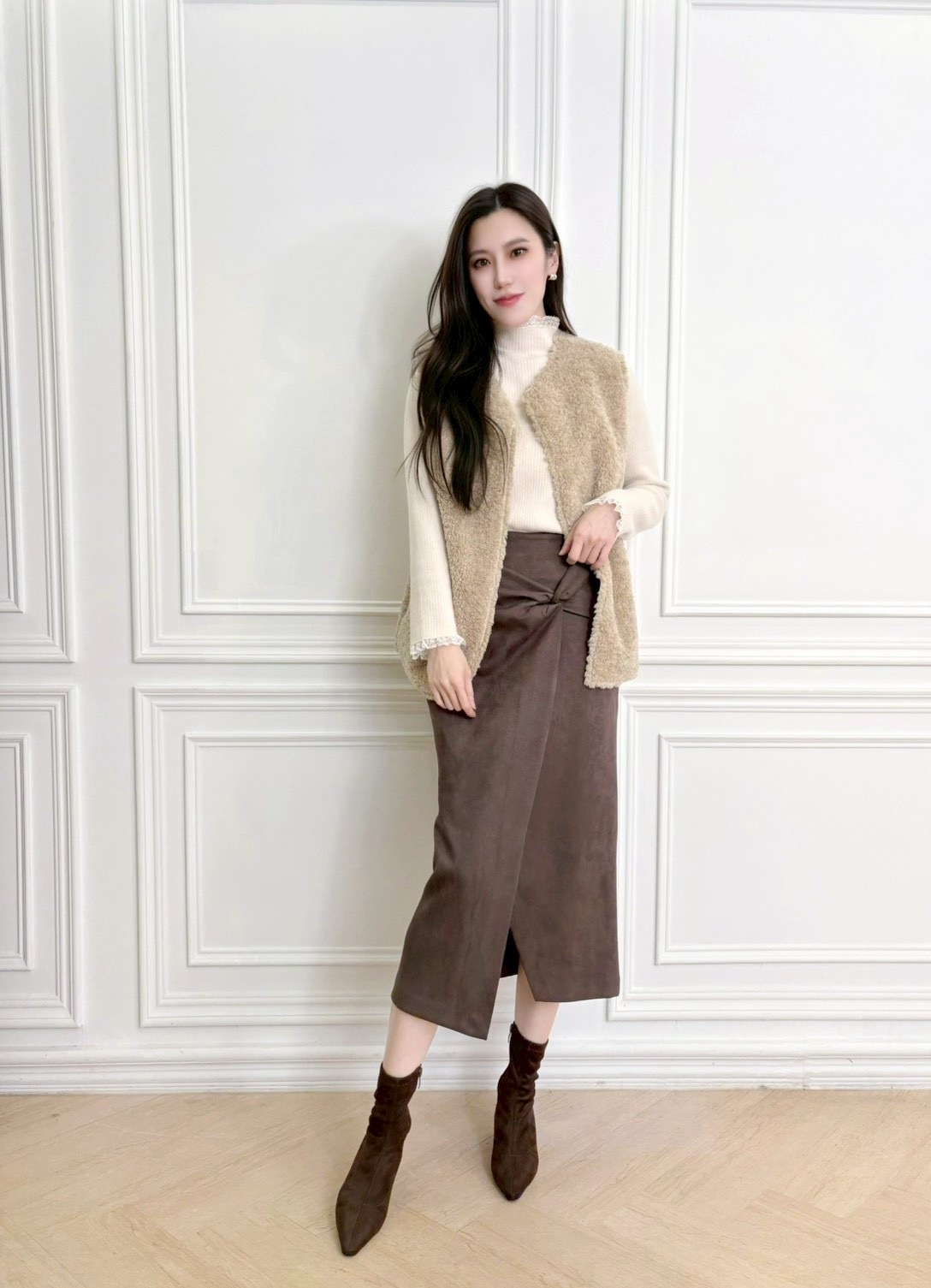 絨面側紐結前開衩合身窄裙