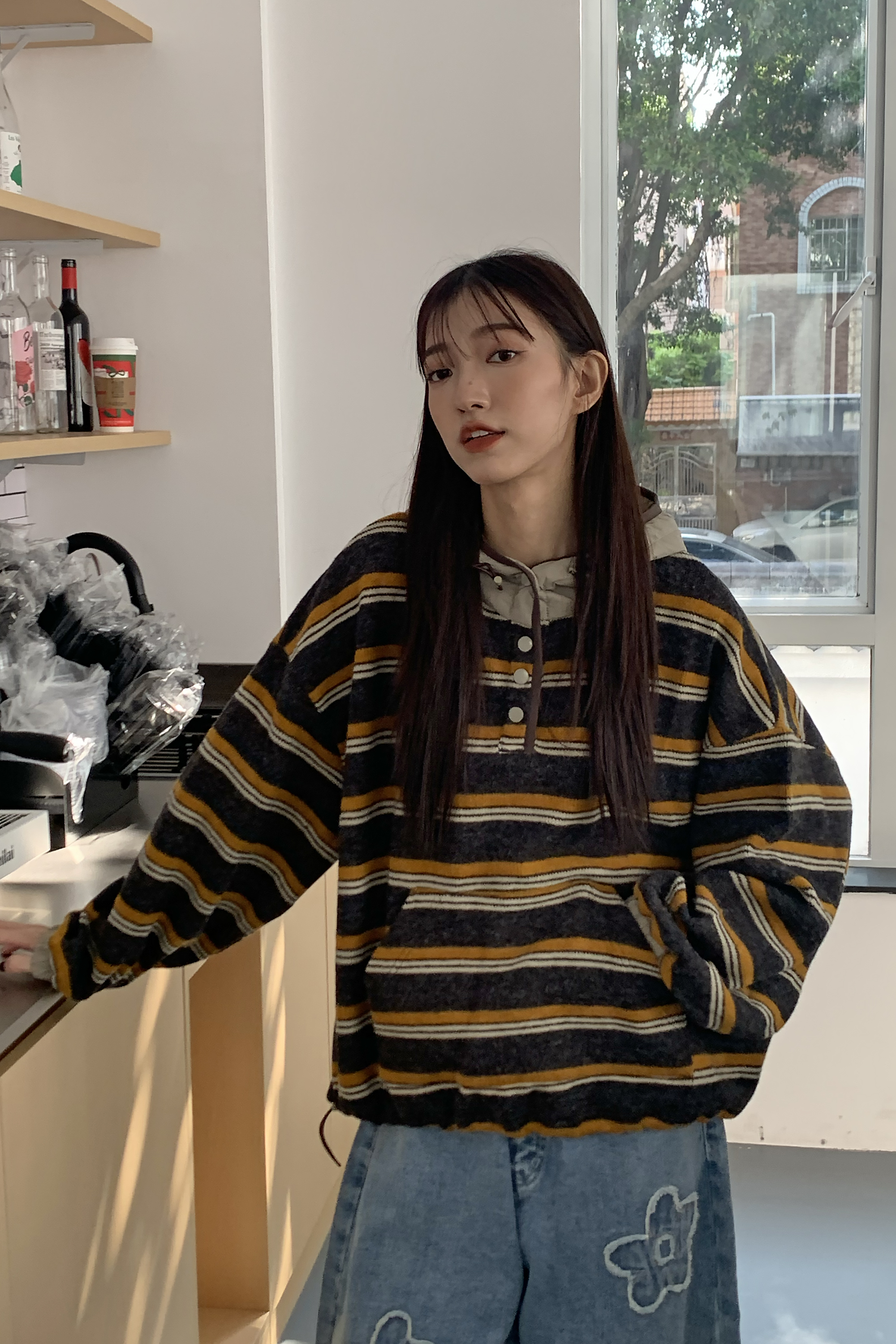 休閒撞色條紋連帽t 2色