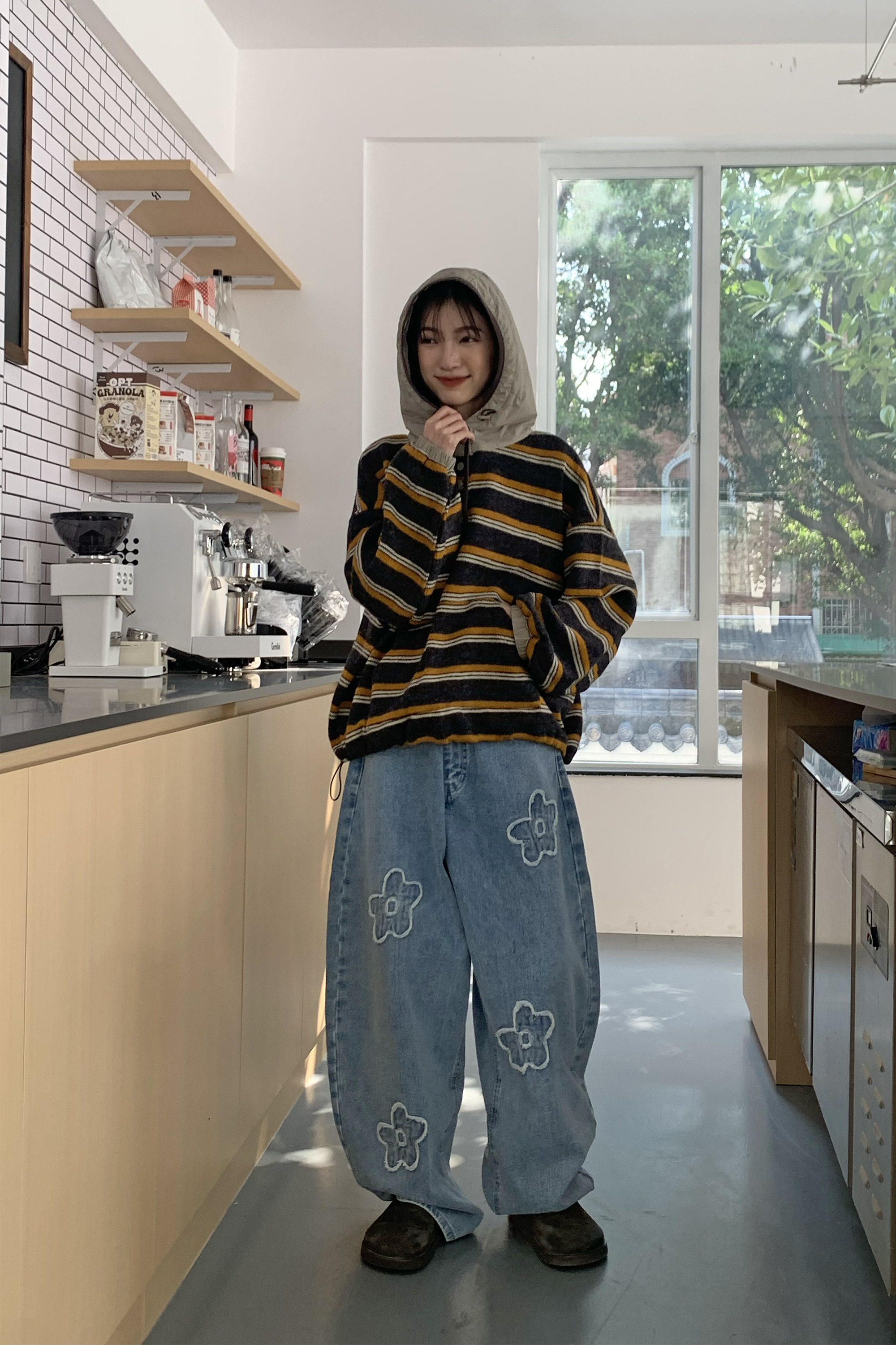 休閒撞色條紋連帽t 2色