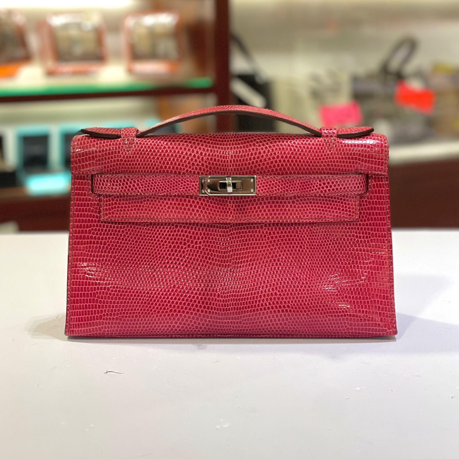 95%NEW二手Kelly Pochette 艷桃粉銀扣蜥蜴皮J刻 5J/Fuchsia Phw Lizard Skin #Mini Kelly一代 #香榭站正品