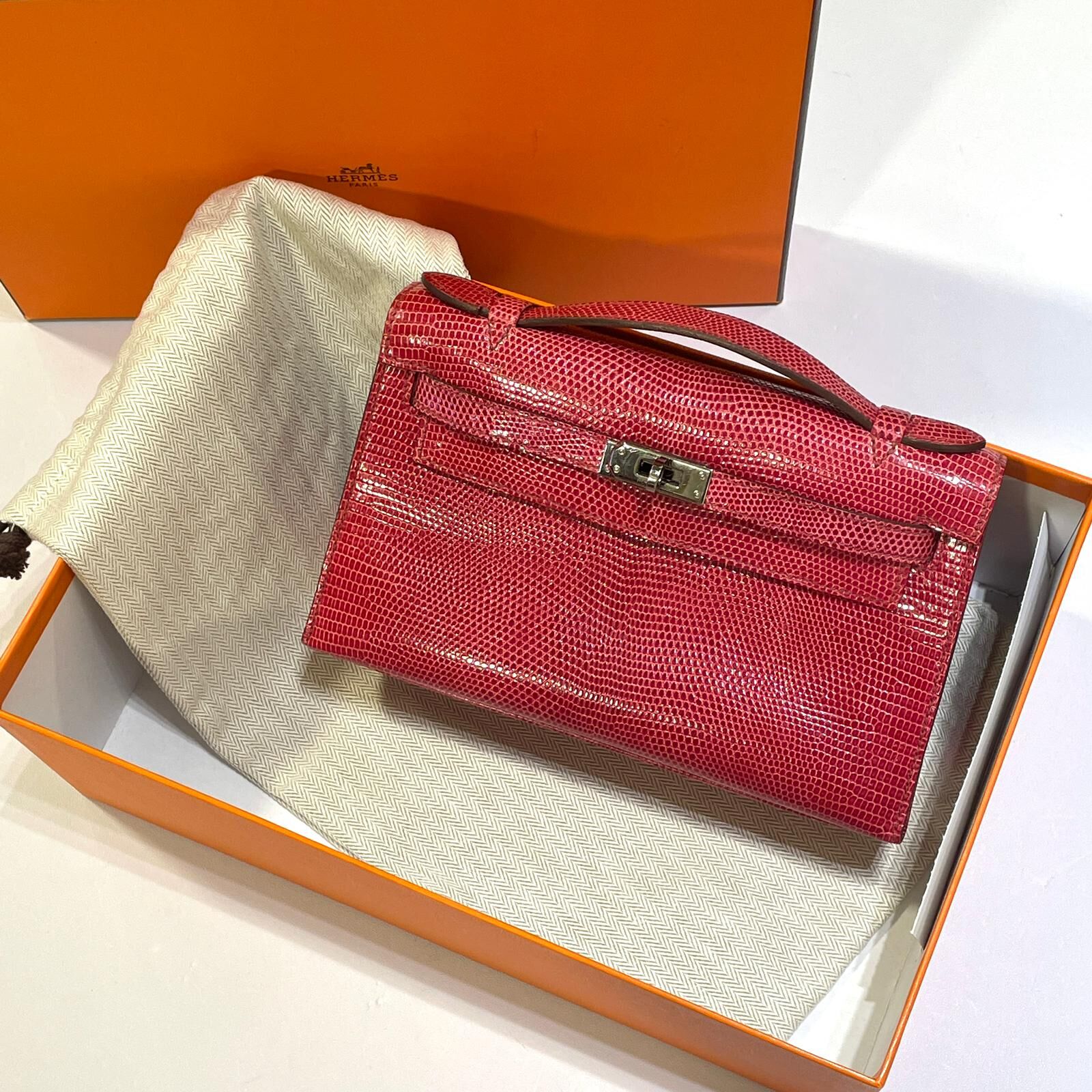 95%NEW二手Kelly Pochette 艷桃粉銀扣蜥蜴皮J刻 5J/Fuchsia Phw Lizard Skin #Mini Kelly一代 #香榭站正品