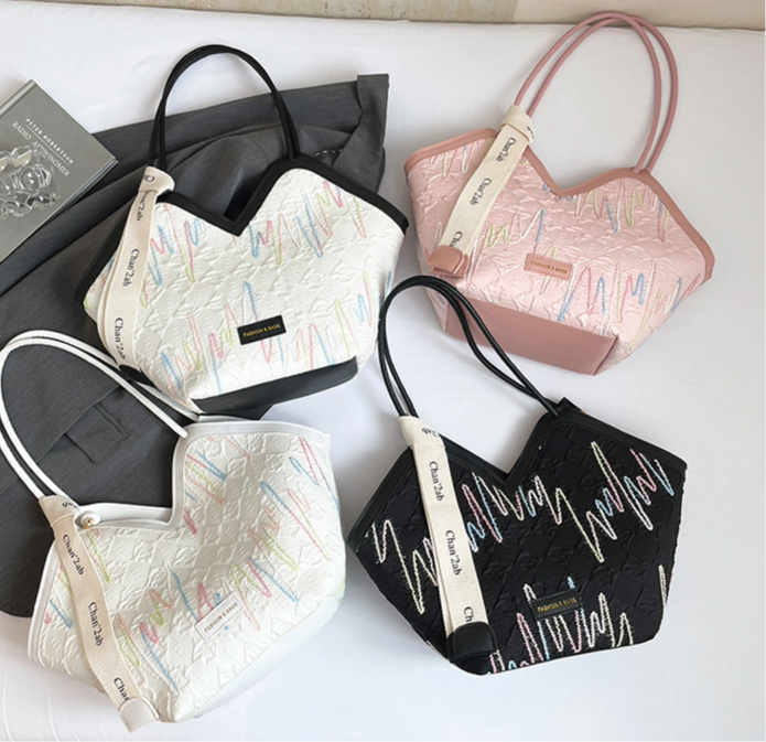 Embroidered Colorful Stripe Shoulder Commuter Tote Bag