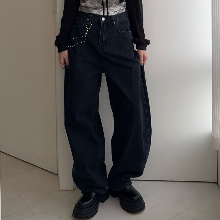 後刺繡前星星銀釘廓形褲