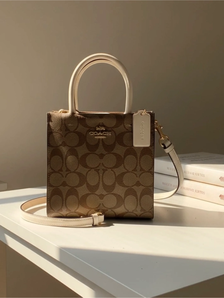 代購-COACH Cally 17 牛皮革 經典滿版 單肩斜背 手提 托特包 迷你 白色配棕色老花