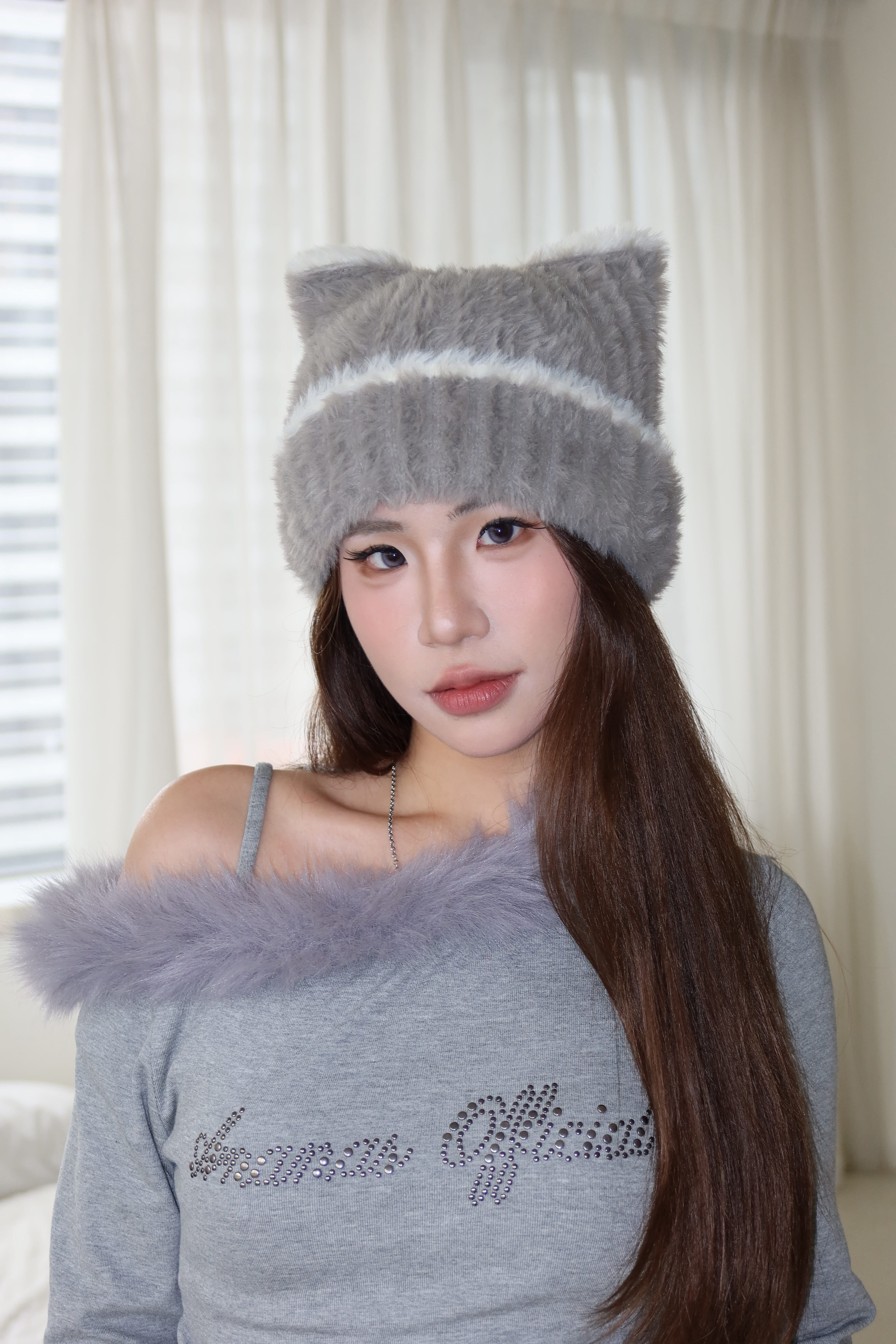 撞色水貂毛貓耳帽