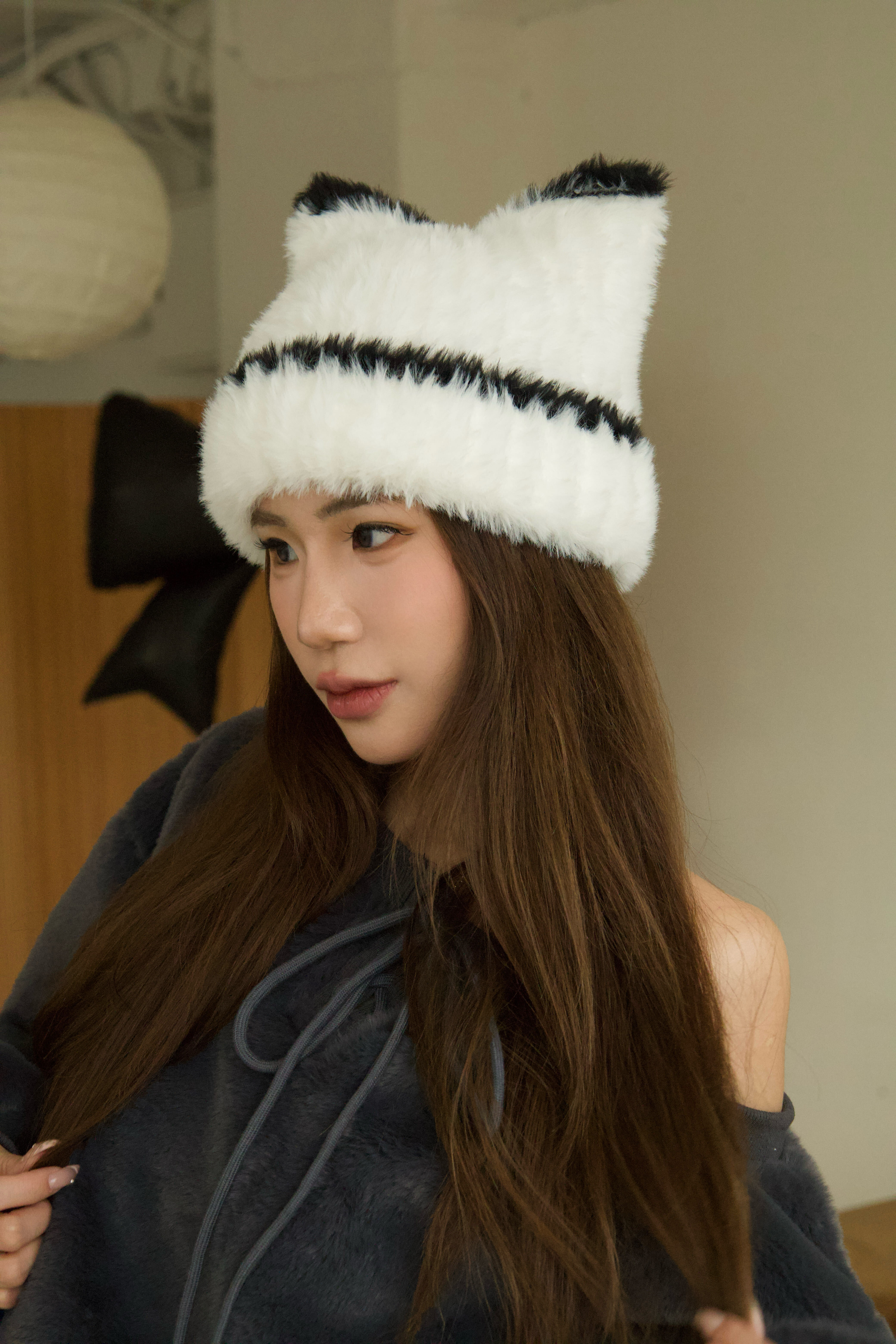 撞色水貂毛貓耳帽
