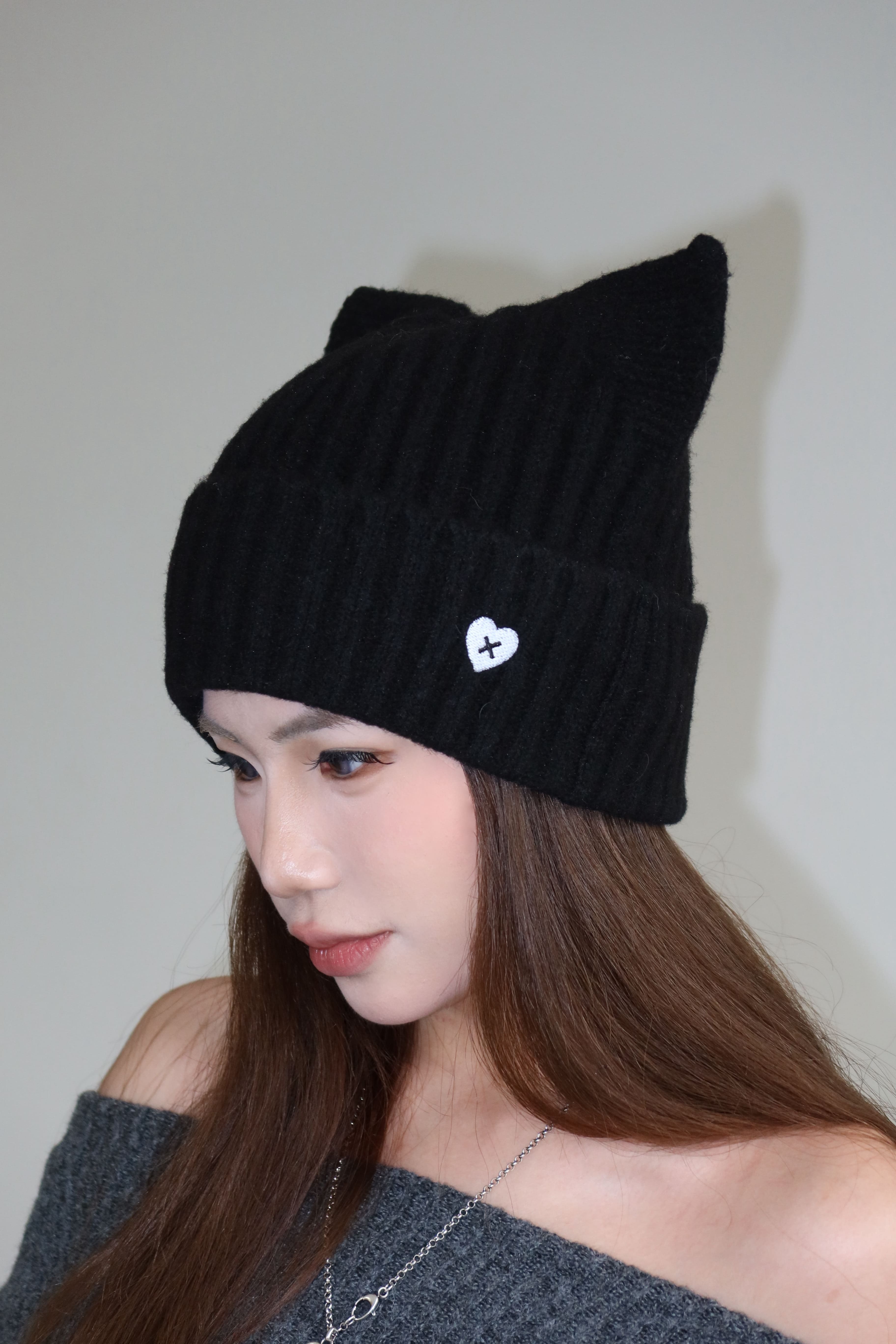 愛心刺繡針織貓耳帽