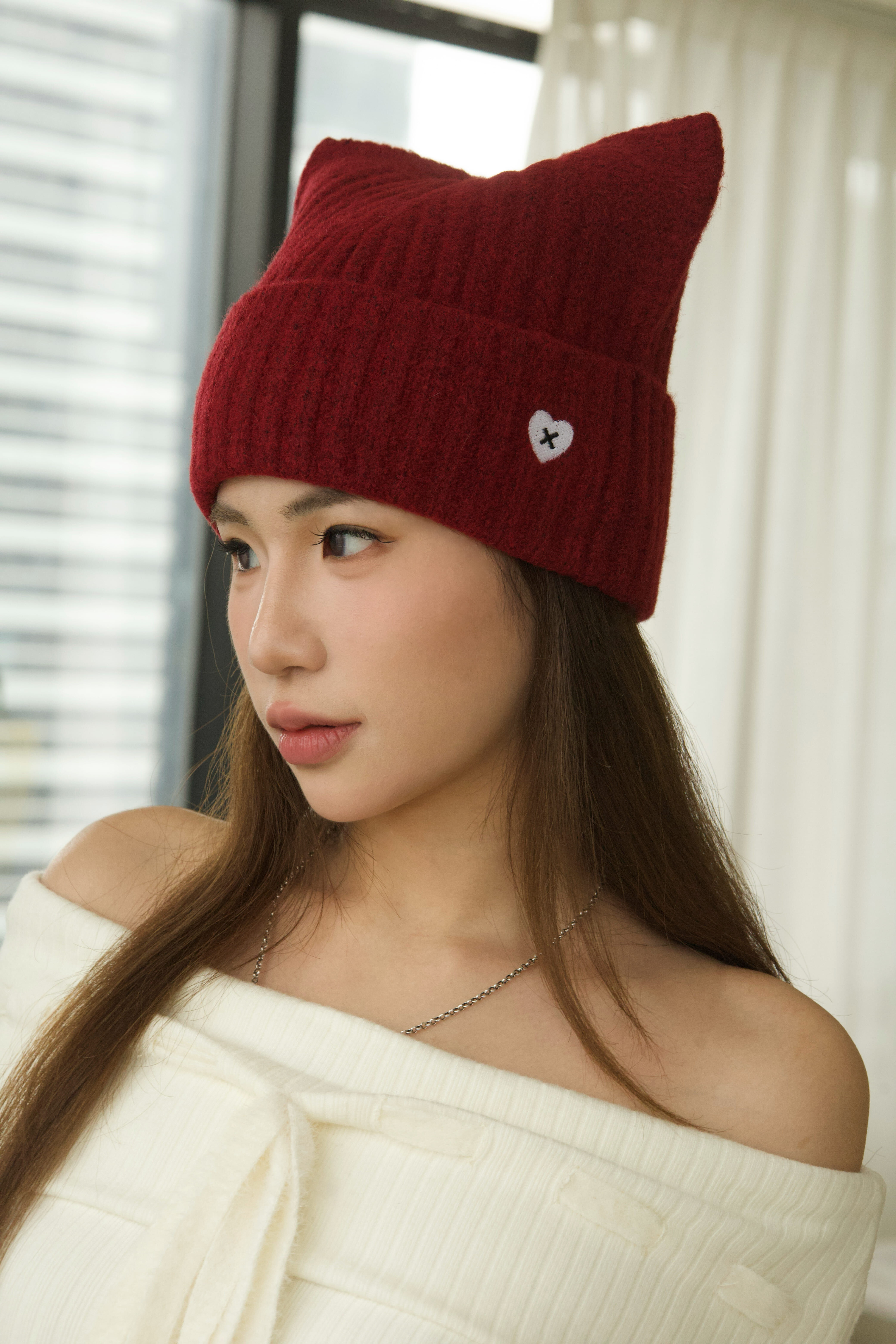 愛心刺繡針織貓耳帽