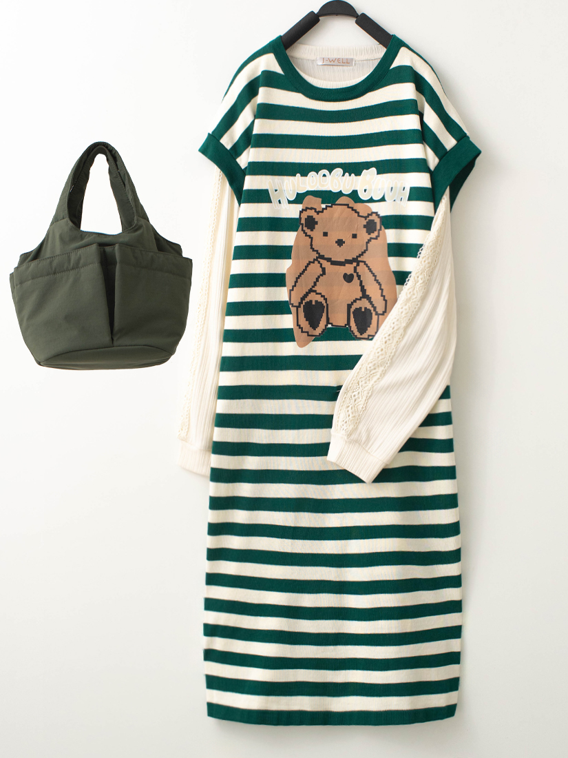 小熊印花針織洋裝紋理簍空蕾絲上衣組合