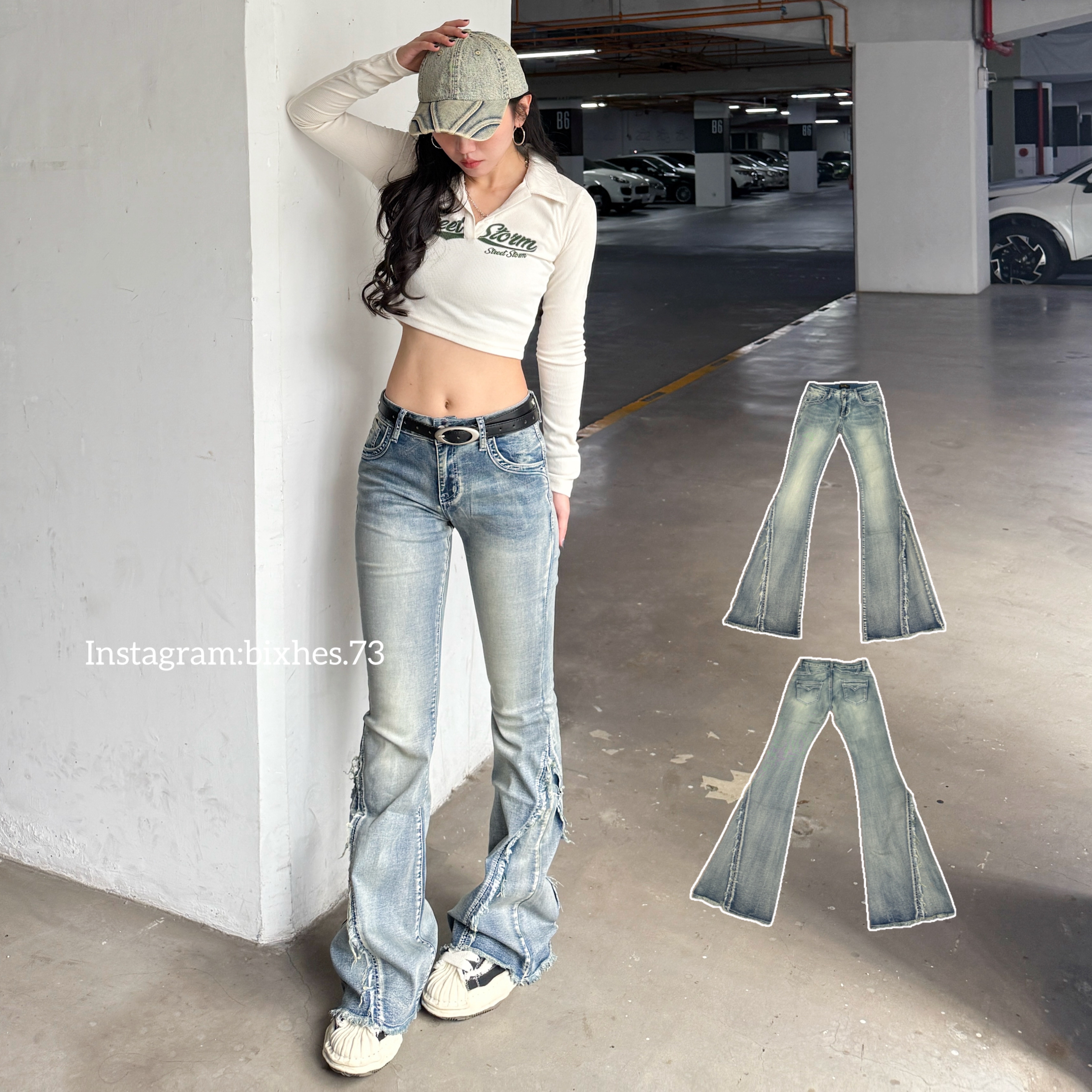 重工低腰水洗藍毛邊喇叭褲(E00053)