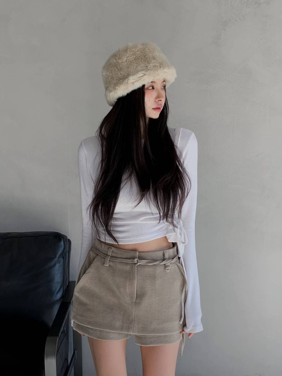 細腰帶絨布短褲裙