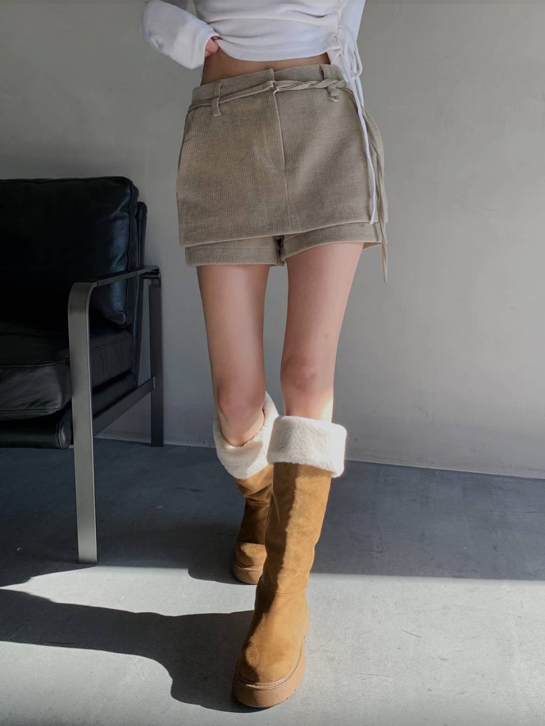 細腰帶絨布短褲裙
