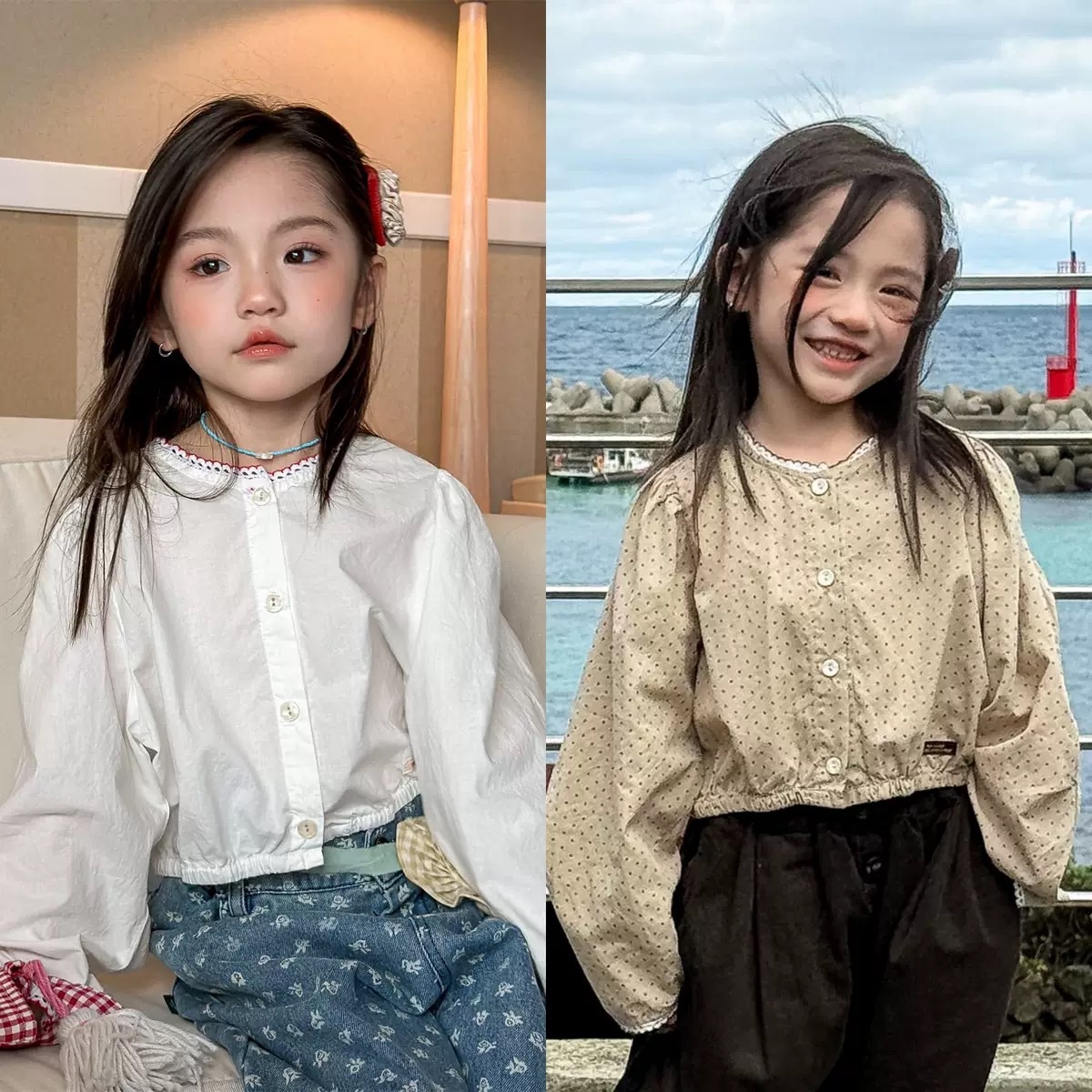 波點花邊泡泡袖上衣