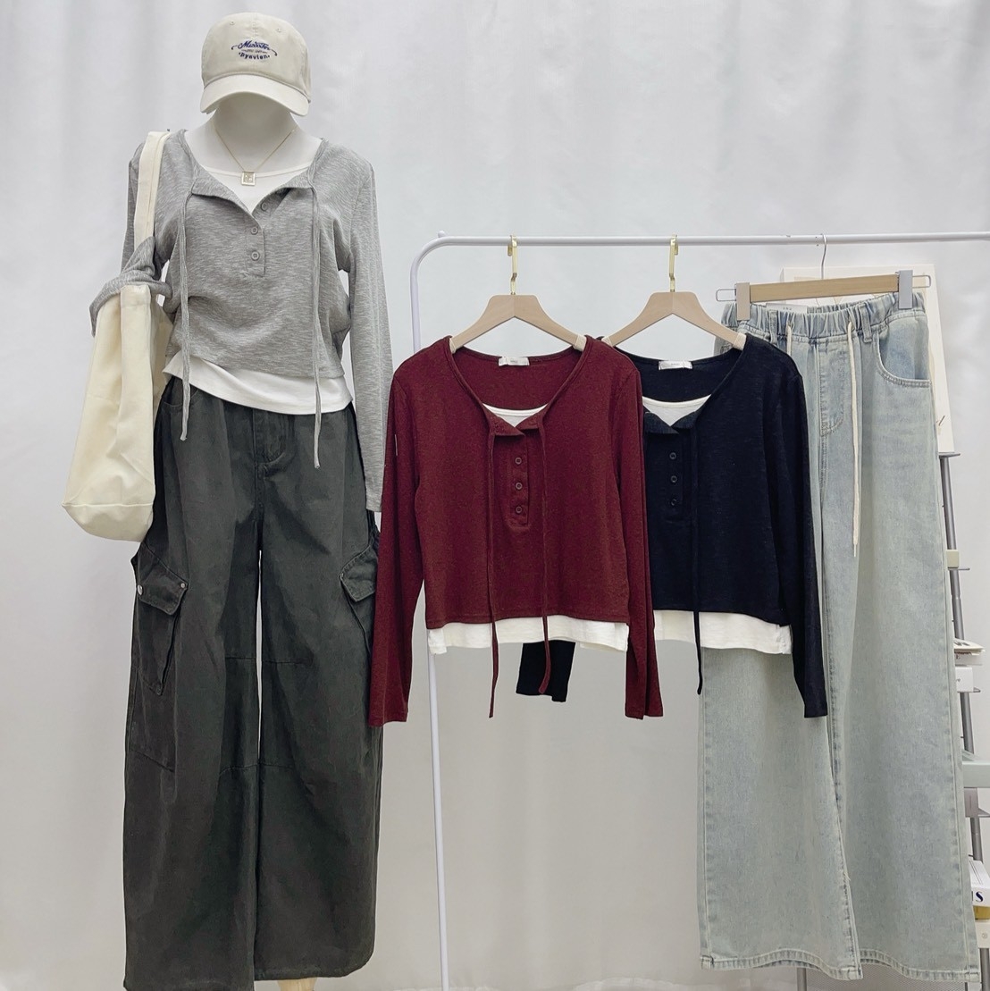 9262-半排扣假兩件上衣