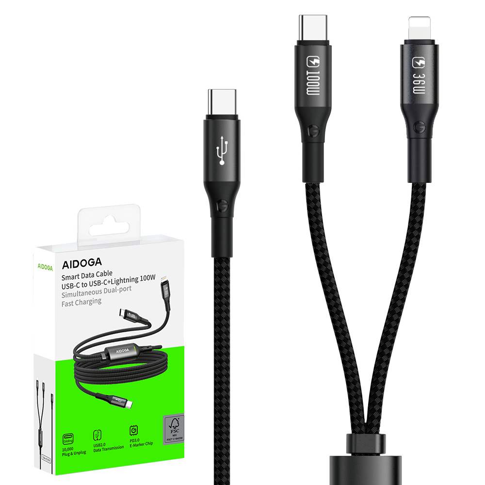 AIDOGA 艾迪伽 100W快充 一分二 Type-C TO Type-C+Lightning PD充電線傳輸線 QC4.0 LED 爵士 1.5M